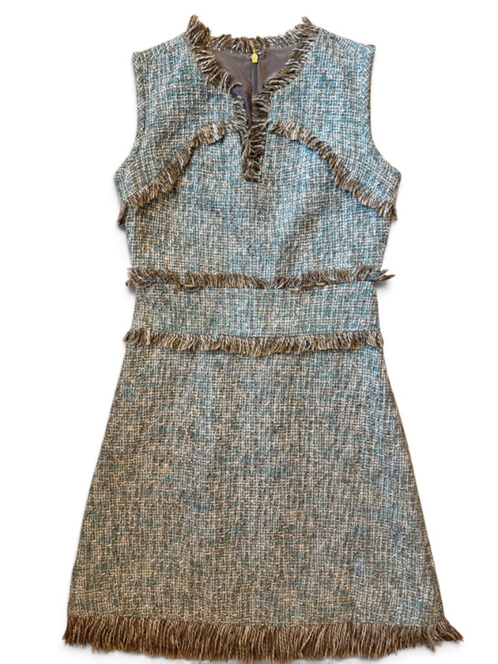 Tory Burch Curtis Tweed Fringe Dress Size 2 Blue Brown Bouclé